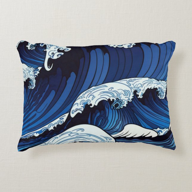 Abstract Blue Ocean Waves Japanese Style Artwork | Accent Pillow (Front)