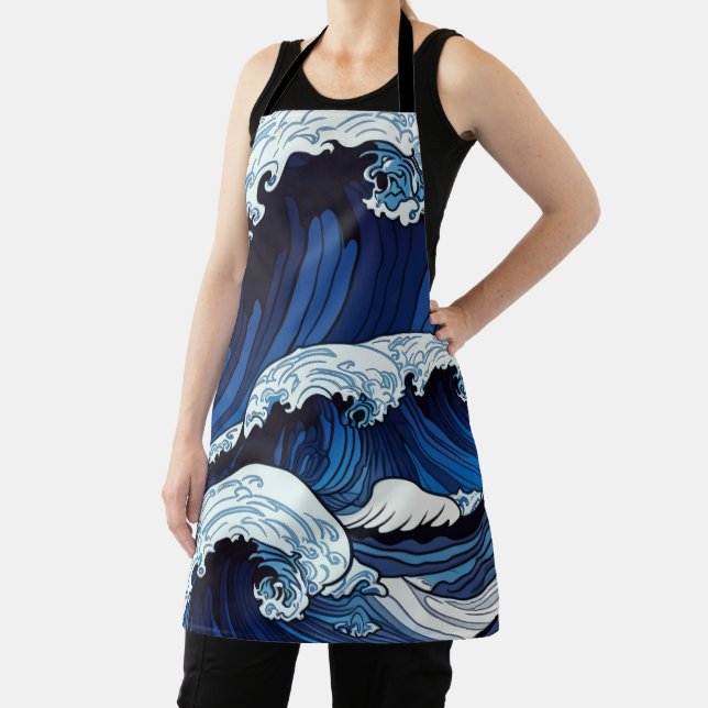 Abstract Blue Ocean Waves Japanese Style Artwork | Apron (Insitu)