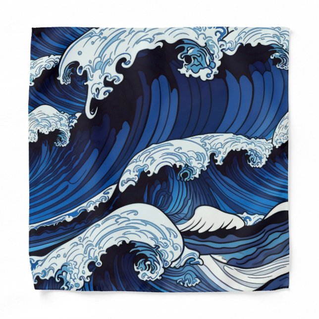 Abstract Blue Ocean Waves Japanese Style Artwork | Bandana (Front)