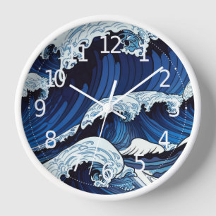 Abstract Blue Ocean Waves Japanese Style Artwork   Clock