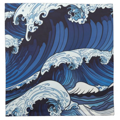 Abstract Blue Ocean Waves Japanese Style Artwork  Cloth Napkin