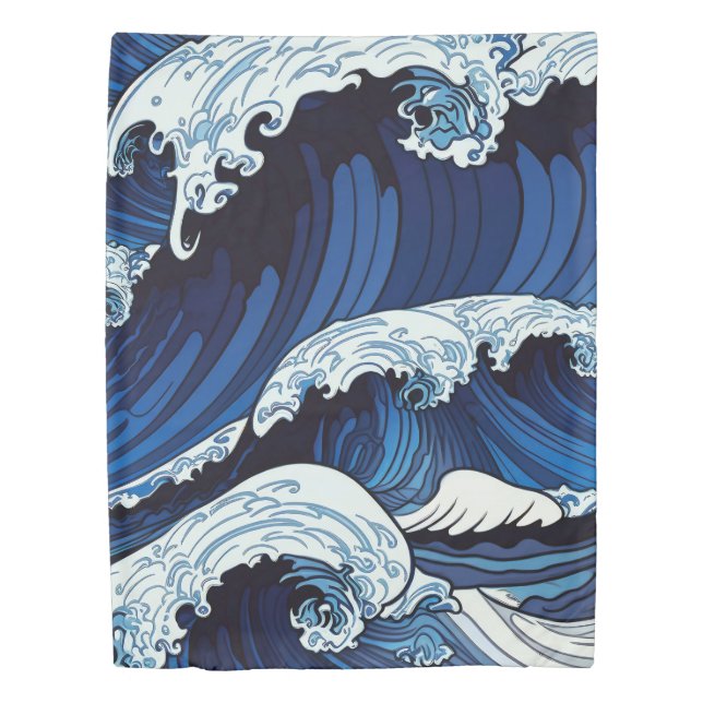 Abstract Blue Ocean Waves Japanese Style Artwork | Duvet Cover (Front)