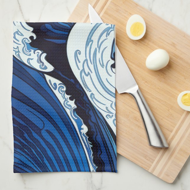 Abstract Blue Ocean Waves Japanese Style Artwork | Kitchen Towel (Quarter Fold)