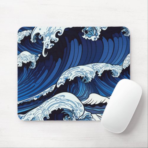 Abstract Blue Ocean Waves Japanese Style Artwork  Mouse Pad