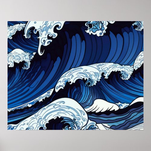 Abstract Blue Ocean Waves Japanese Style Artwork  Poster