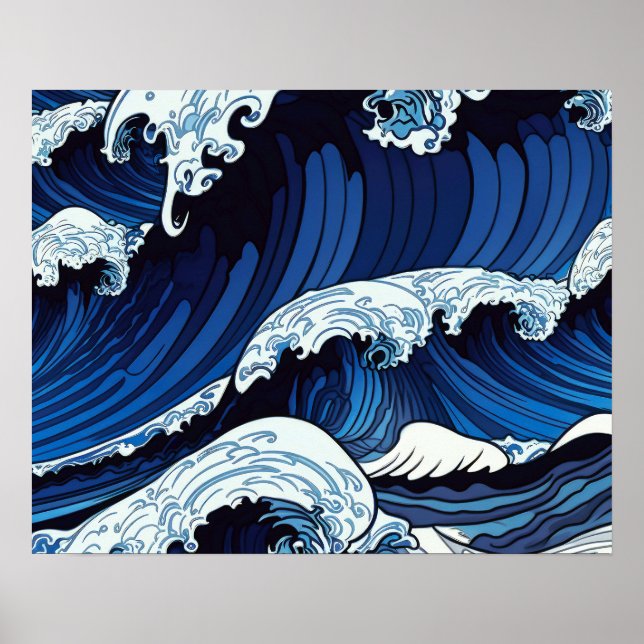 Abstract Blue Ocean Waves Japanese Style Artwork | Poster (Front)