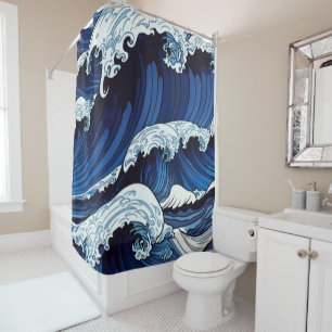 Abstract Blue Ocean Waves Japanese Style Artwork Shower Curtain
