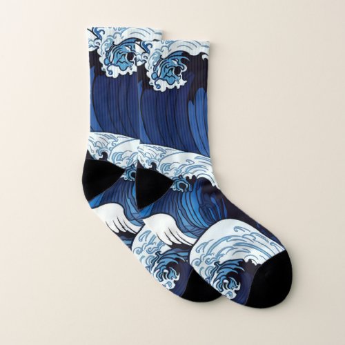 Abstract Blue Ocean Waves Japanese Style Artwork  Socks