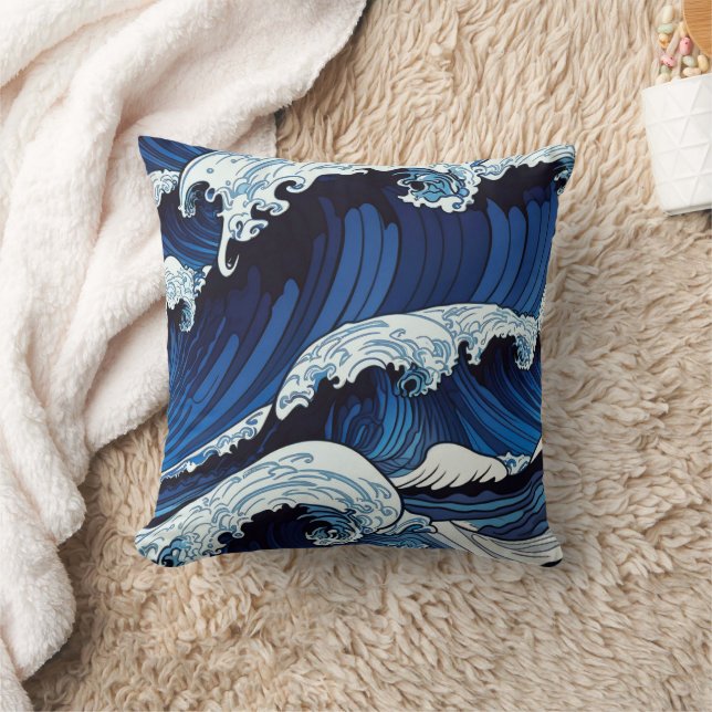 Abstract Blue Ocean Waves Japanese Style Artwork | Throw Pillow (Blanket)