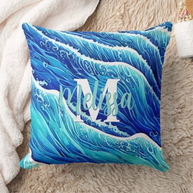 Abstract Blue Ocean Waves Monogrammed Throw Pillow (Blanket)