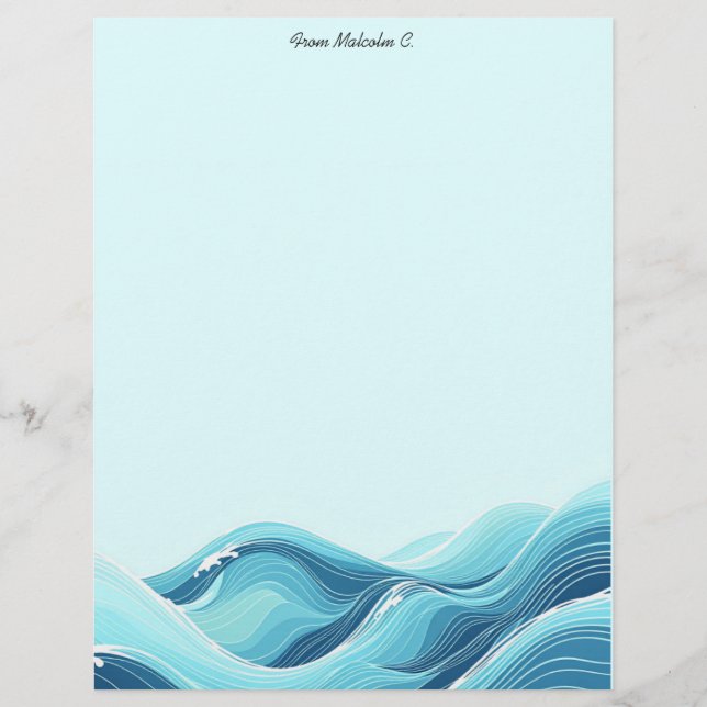 Abstract Blue Ocean Waves Stationery Paper (Front)