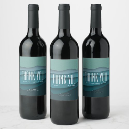 Abstract Blue Ocean Waves Thank You Wine Label