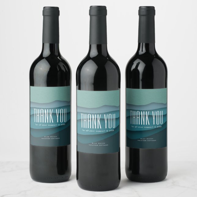 Abstract Blue Ocean Waves Thank You Wine Label (Bottles)
