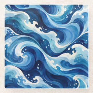 Abstract Blue Ocean Waves Watercolor Coastal Throw Glass Coaster