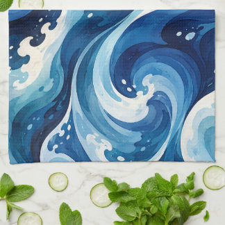 Abstract Blue Ocean Waves Watercolor Coastal Throw Kitchen Towel