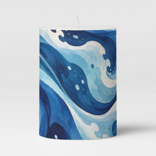 Abstract Blue Ocean Waves Watercolor Coastal Throw Pillar Candle