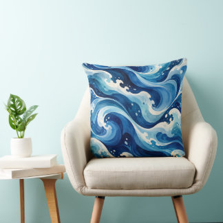Abstract Blue Ocean Waves Watercolor Coastal Throw Pillow