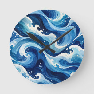 Abstract Blue Ocean Waves Watercolor Coastal Throw Round Clock