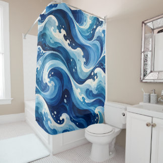 Abstract Blue Ocean Waves Watercolor Coastal Throw Shower Curtain