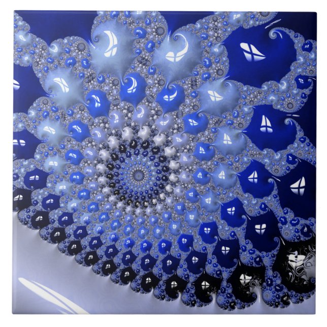 Abstract Blue Ombre Fractal Bubbles Ceramic Tile (Front)