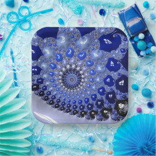 Abstract Blue Ombre Fractal Bubbles Paper Plates