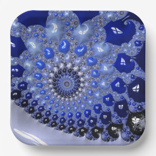 Abstract Blue Ombre Fractal Bubbles Paper Plates