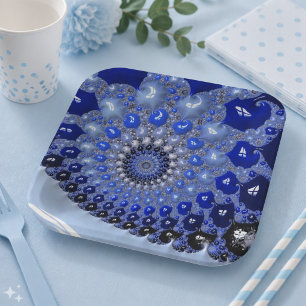 Abstract Blue Ombre Fractal Bubbles Paper Plates