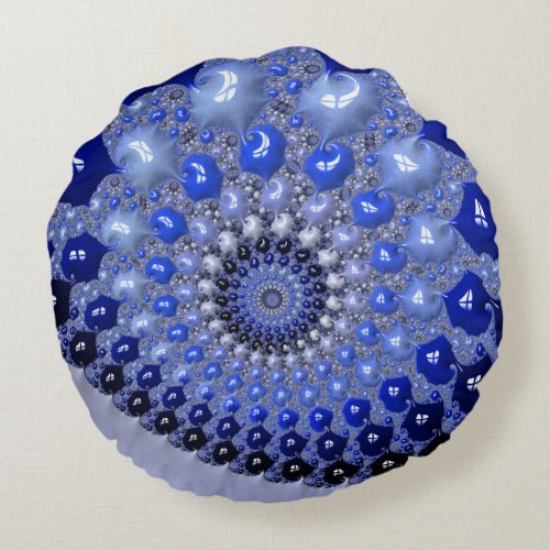 Abstract Blue Ombre Fractal Bubbles Round Pillow