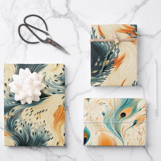 Abstract Blue Orange Cream Peacock Wrapping Paper Sheets (Front)