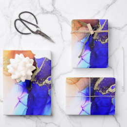 Abstract Blue Orange Gold Alcohol Ink Wrapping Paper Sheets