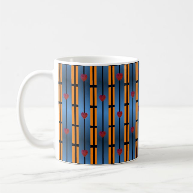Abstract Blue Orange Grid Pattern with Red Hearts Coffee Mug (Left)