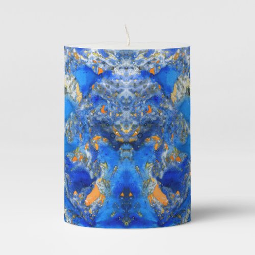 Abstract blue orange liquid art modern pattern pillar candle