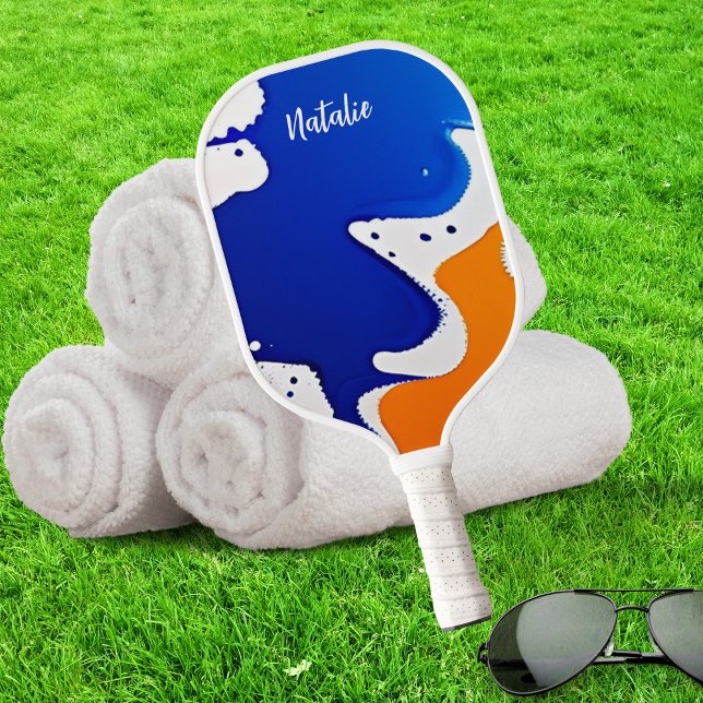 Abstract Blue & Orange Paint Splatter Monogram Pickleball Paddle (Creator Uploaded)