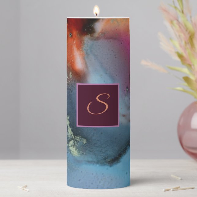 Abstract Blue Orange Red Waves Monogram Pillar Candle (In Situ)