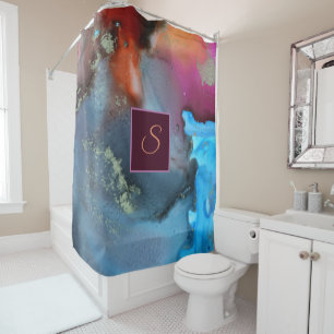 Abstract Blue Orange Red Waves Monogram Shower Curtain