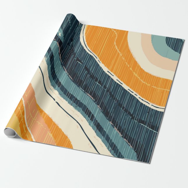Abstract Blue Orange White Paint Swirl with White  Wrapping Paper (Unrolled)