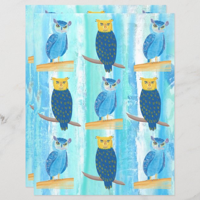 Abstract Blue Owls Turquoise Trees Scrapbook Paper (Front/Back)