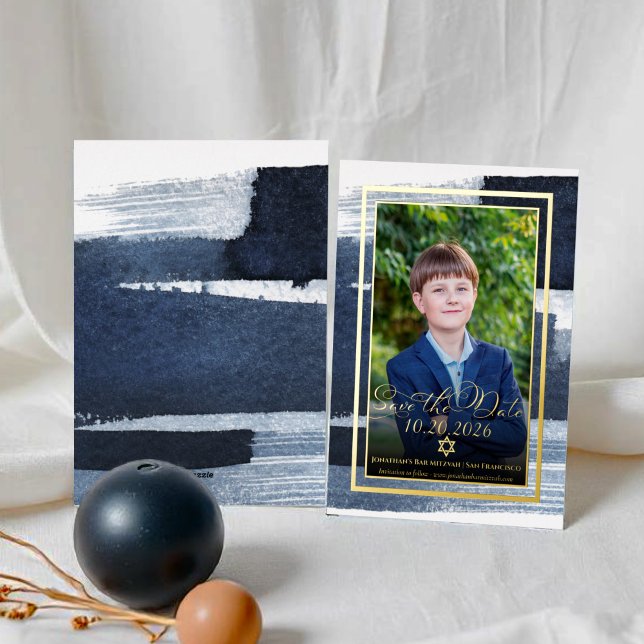 Abstract Blue Photo Bar Mitzvah Save the Date Real Foil Invitation (Creator Uploaded)