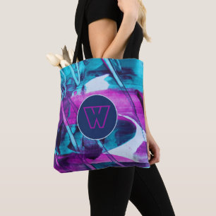 Abstract Blue Pink Brush Strokes Monogram Tote Bag
