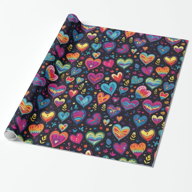 Abstract Blue Pink Colorful Hearts Wrapping Paper (Unrolled)
