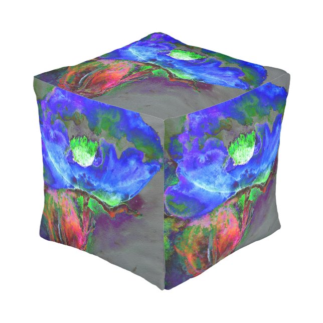 Abstract blue poppy abstract flower floral pouf (Angled Front)