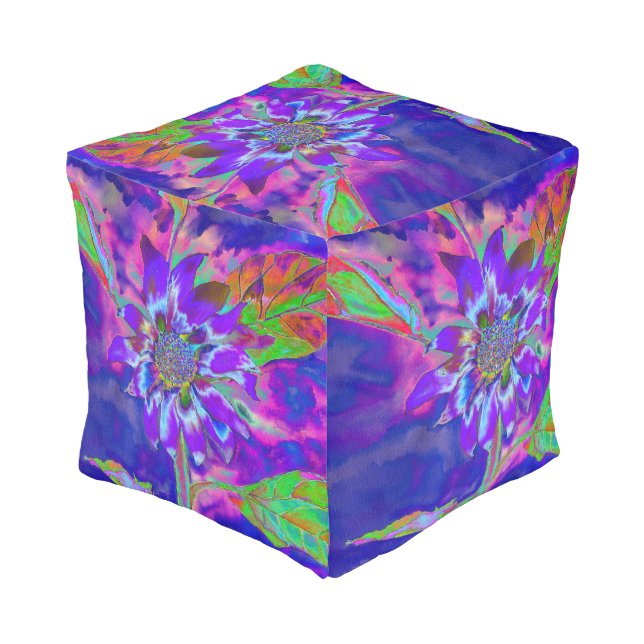 Abstract blue purple floral sunflower retro funky  pouf (Angled Back)