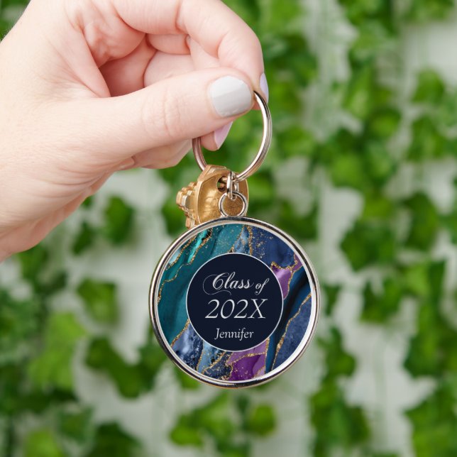 Abstract Blue Purple Gold Agate Graduation Keychain (Hand)