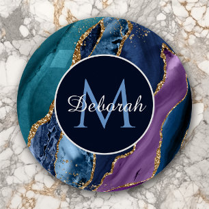 Abstract Blue Purple Gold Agate Monogram Paperweight