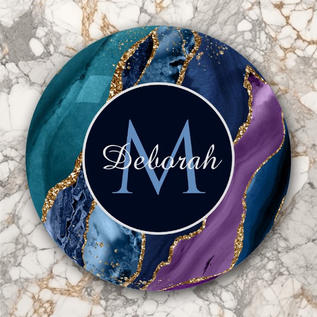 Abstract Blue Purple Gold Agate Monogram Paperweight (Creator Uploaded)