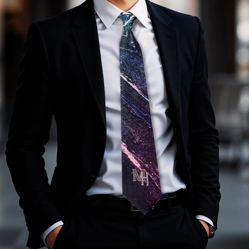 Abstract Blue Purple Marble Monogram Neck Tie