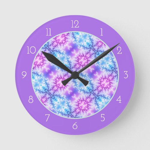 Abstract blue purple snowflake pattern with border round clock