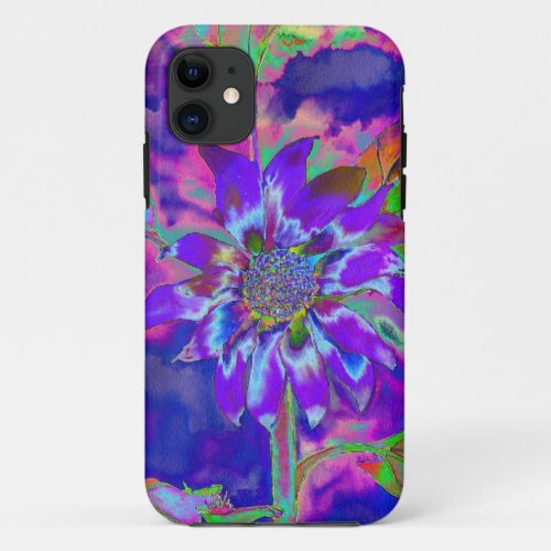 Abstract blue purple sunflower  retro funky  iPhone 11 case