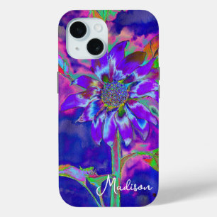 Abstract blue purple sunflower retro funky iPhone 15 case