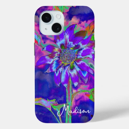 Abstract blue purple sunflower  retro funky  iPhone 15 case